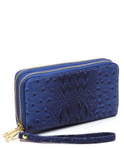 Ostrich Croc Double Zip Around Wallet Wristlet OS0012 ROYAL BLUE